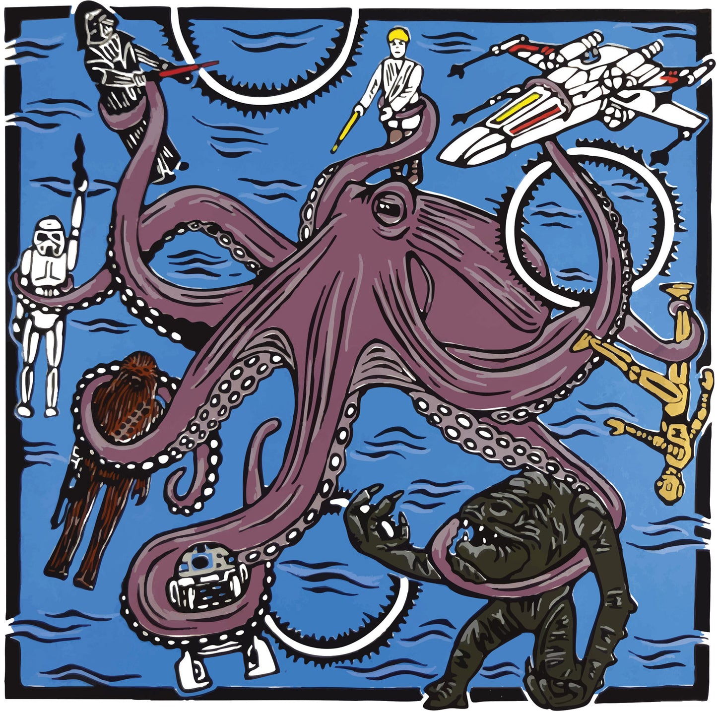 Illustration of an octopus with robots and a spaceship on a blue background