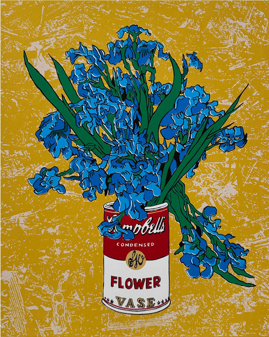 Blue flowers in a Campbell's soup can on a textured yellow background