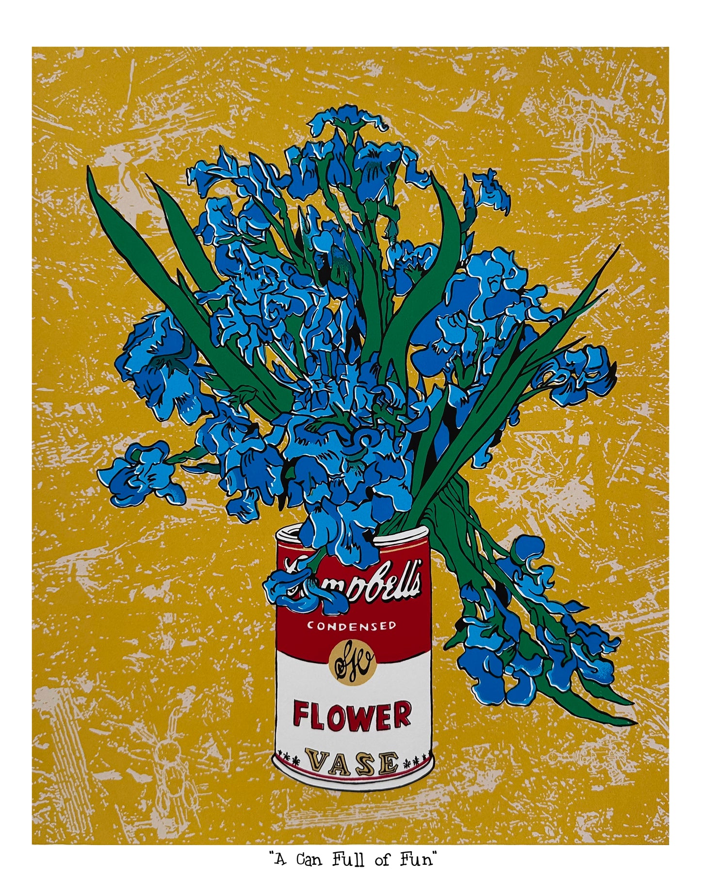 Artistic depiction of a can of a Warhol style Campbell's Soup can with blue Van Gogh styled Iris flowers on a yellow background