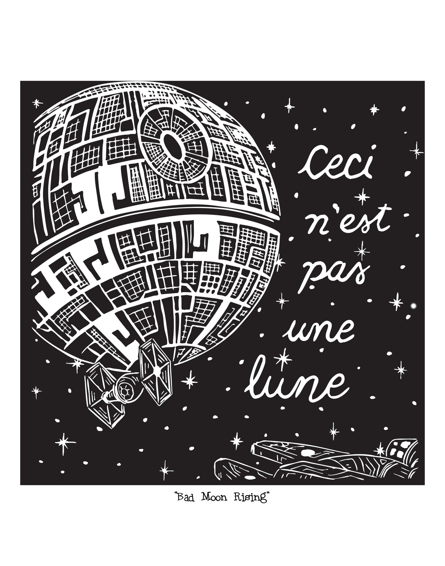 Black and white illustration of a Death Star with text 'Ceci n'est pas une lune' on a starry background.