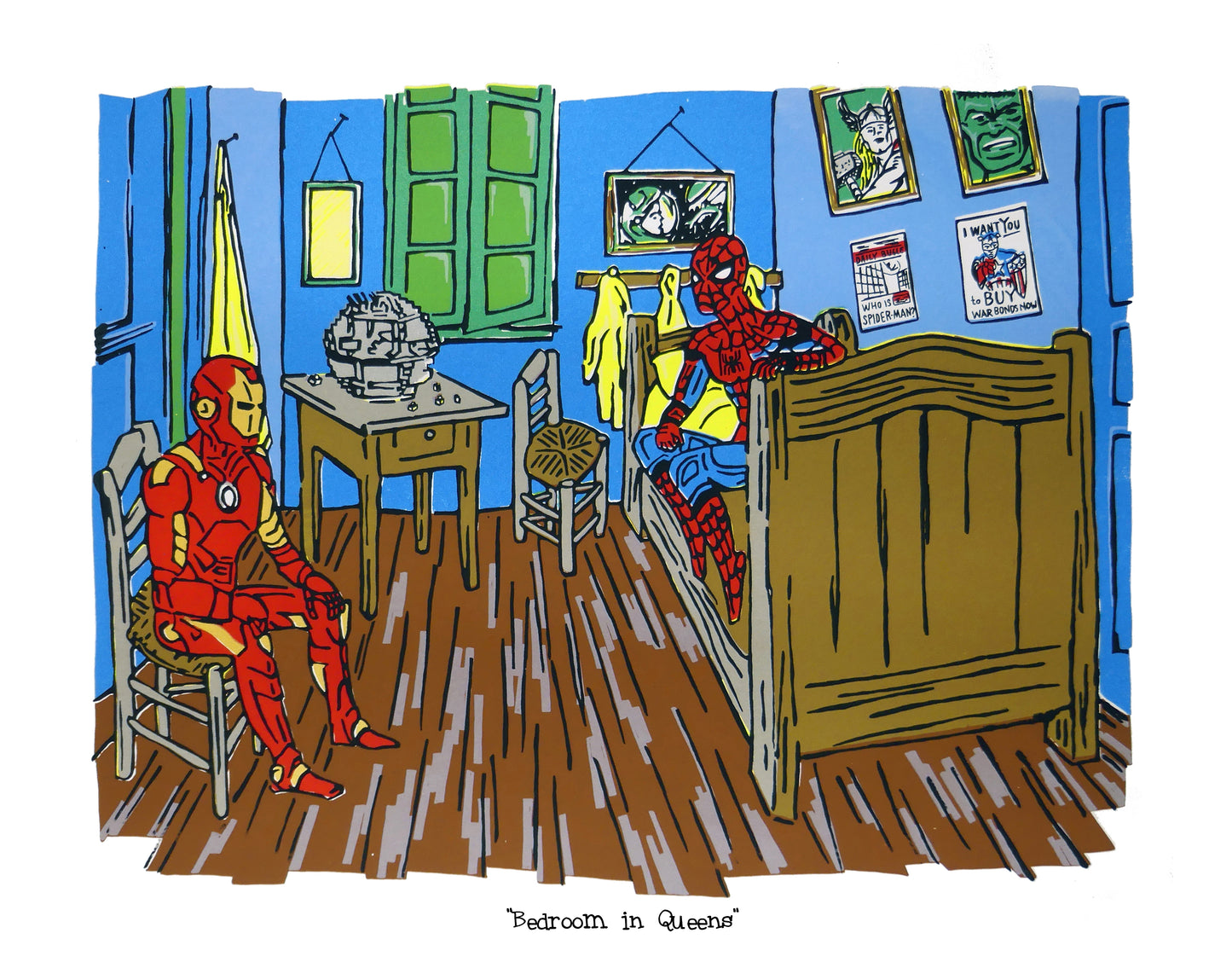 Illustration of Spider-Man and Iron Man in Van Gogh's bedroom setting with comic book posters on the wall.