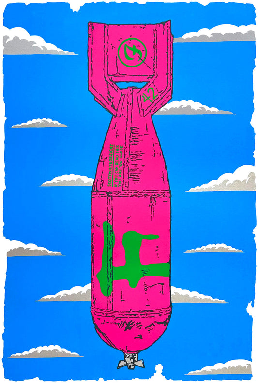 Pink bomb with green symbols against a blue sky with clouds