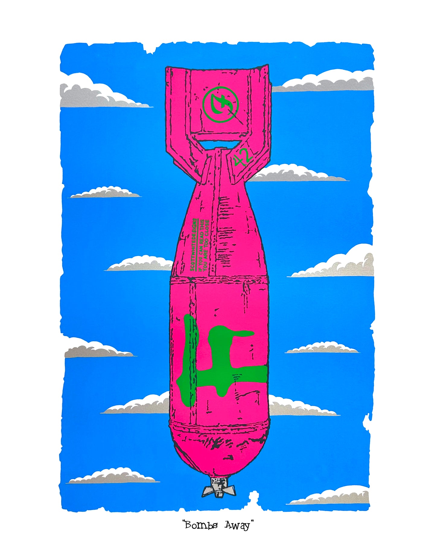 Colorful illustration of a pink bomb with green designs against a blue sky with clouds.