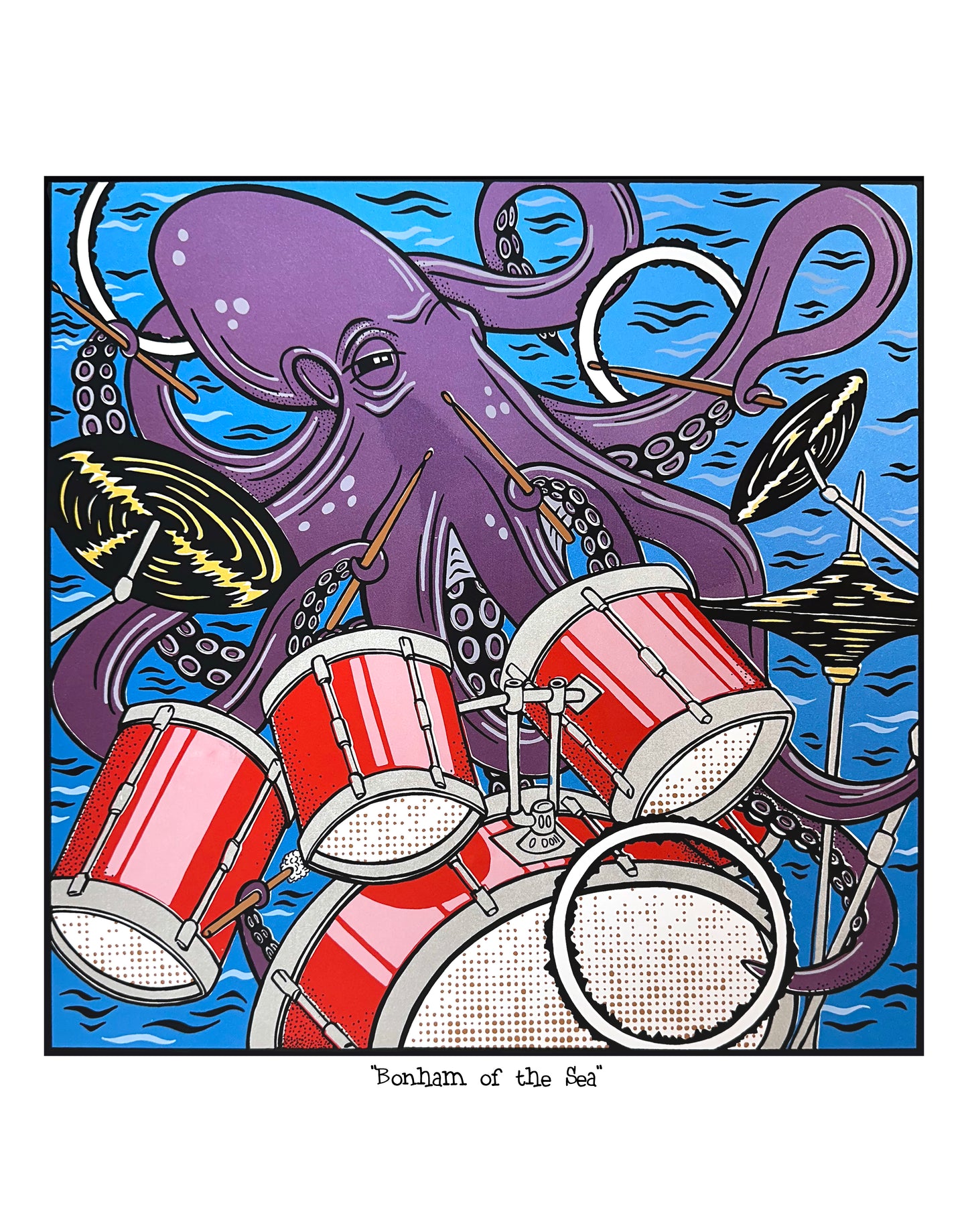 Illustration of an octopus playing drums with a blue background