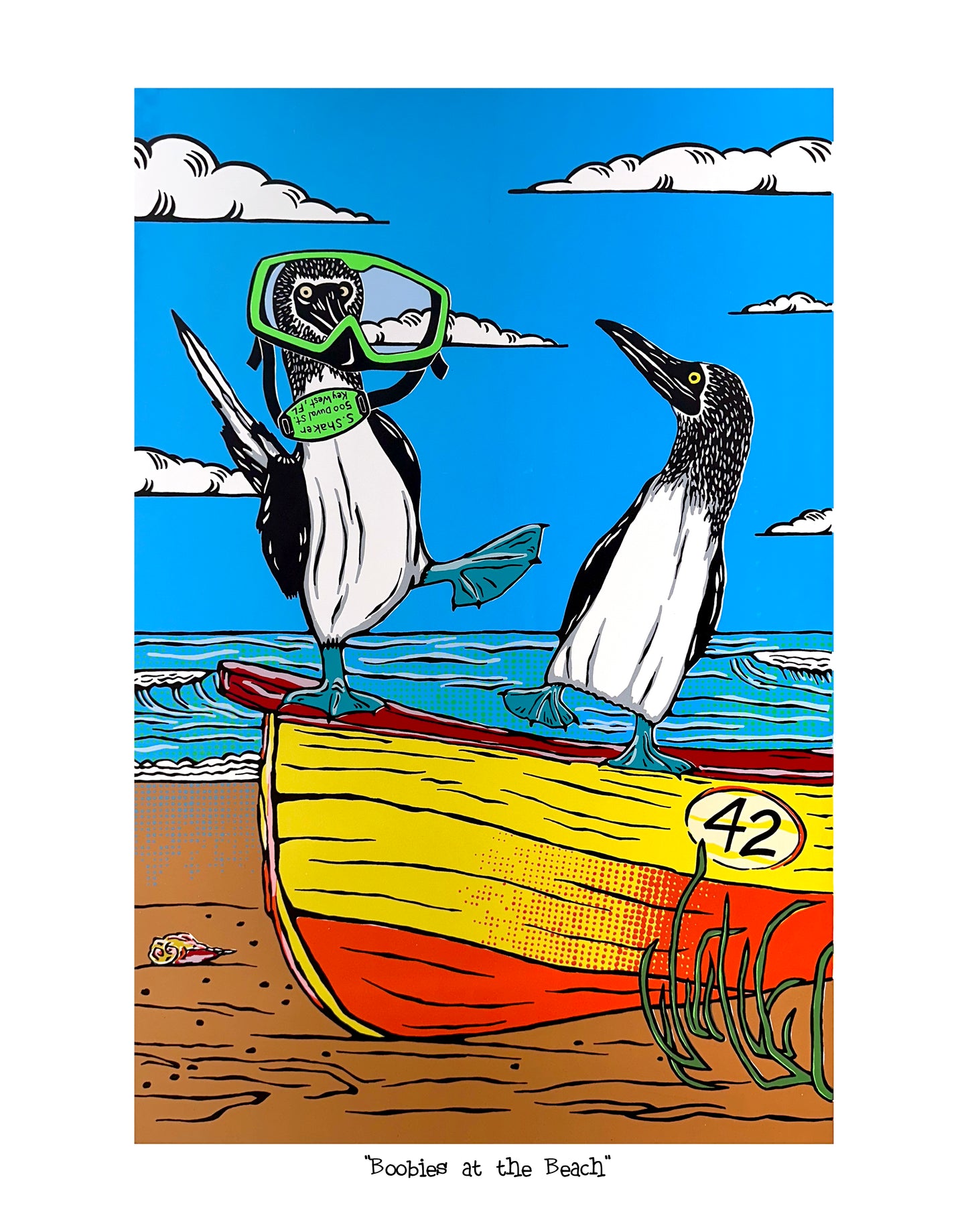 Blue Footed Boobies on a boat with a blue sky and clouds in the background