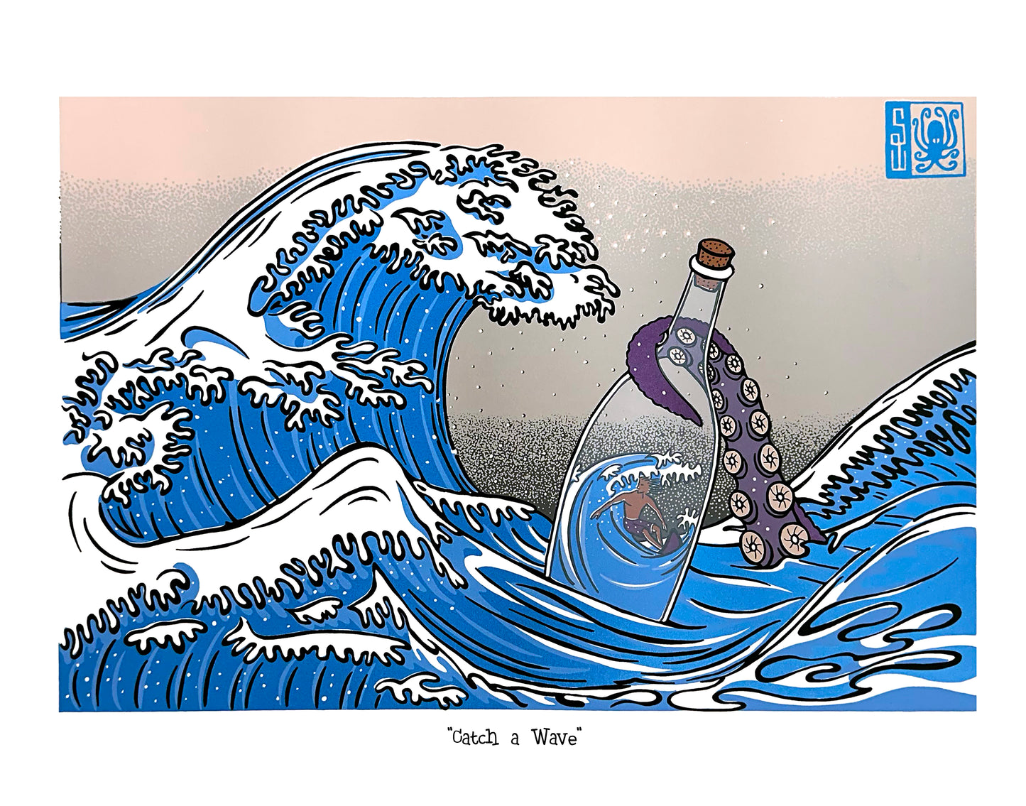 Illustration inspired by 'The Great Wave' print with an octopus holding a bottle with a surfer inside.
