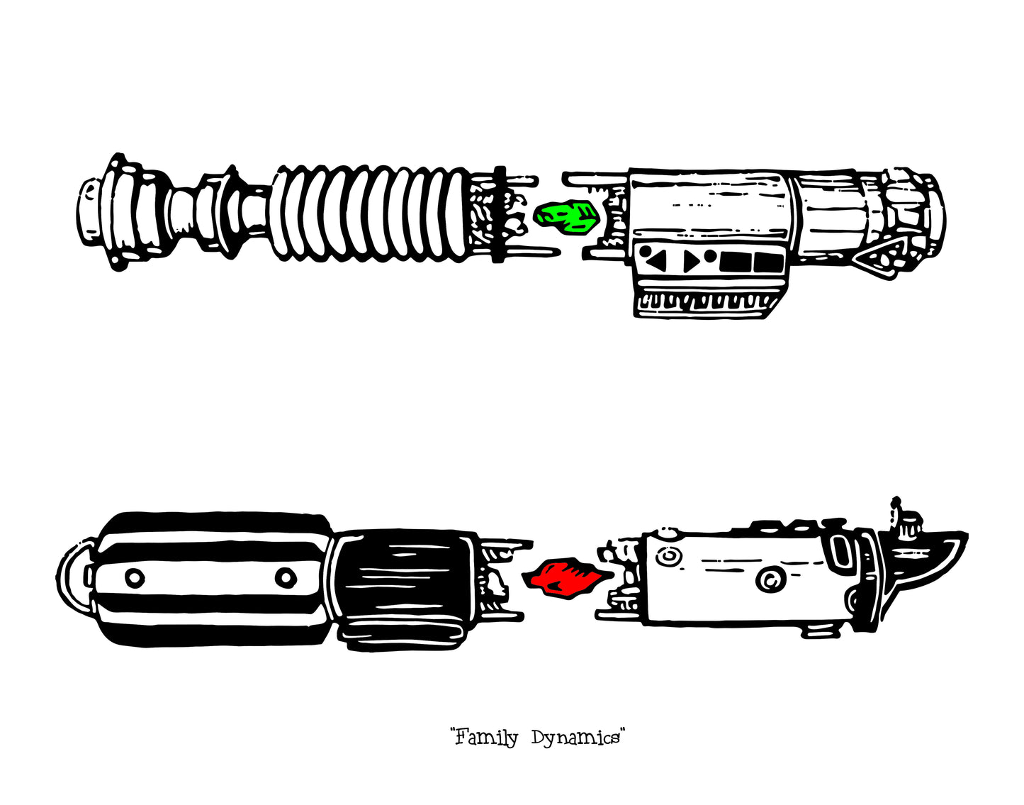 Illustration of deconstructed lightsabers with a red and green kyber crystals