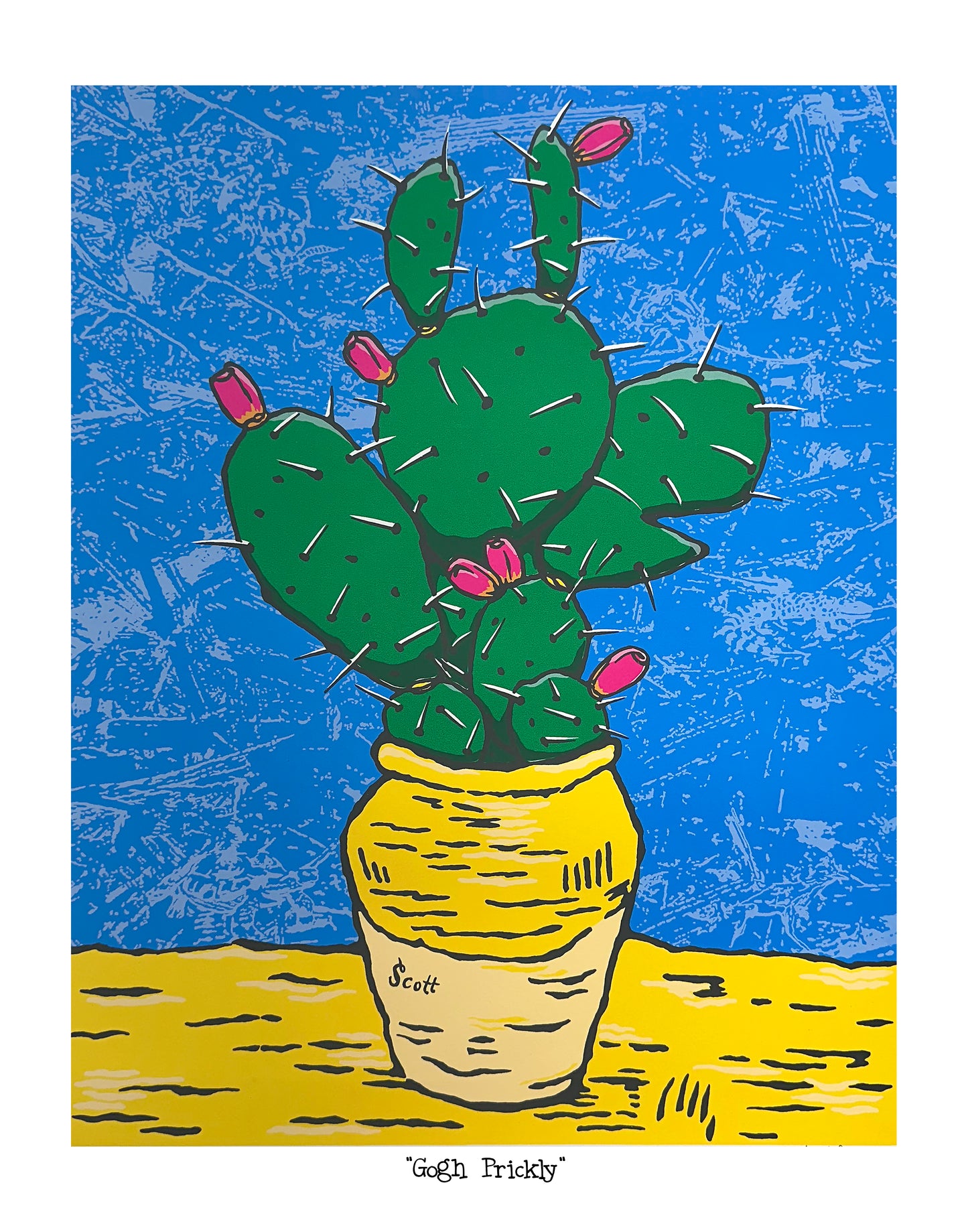 Cartoon cactus in a yellow Van Gogh style pot with a blue background