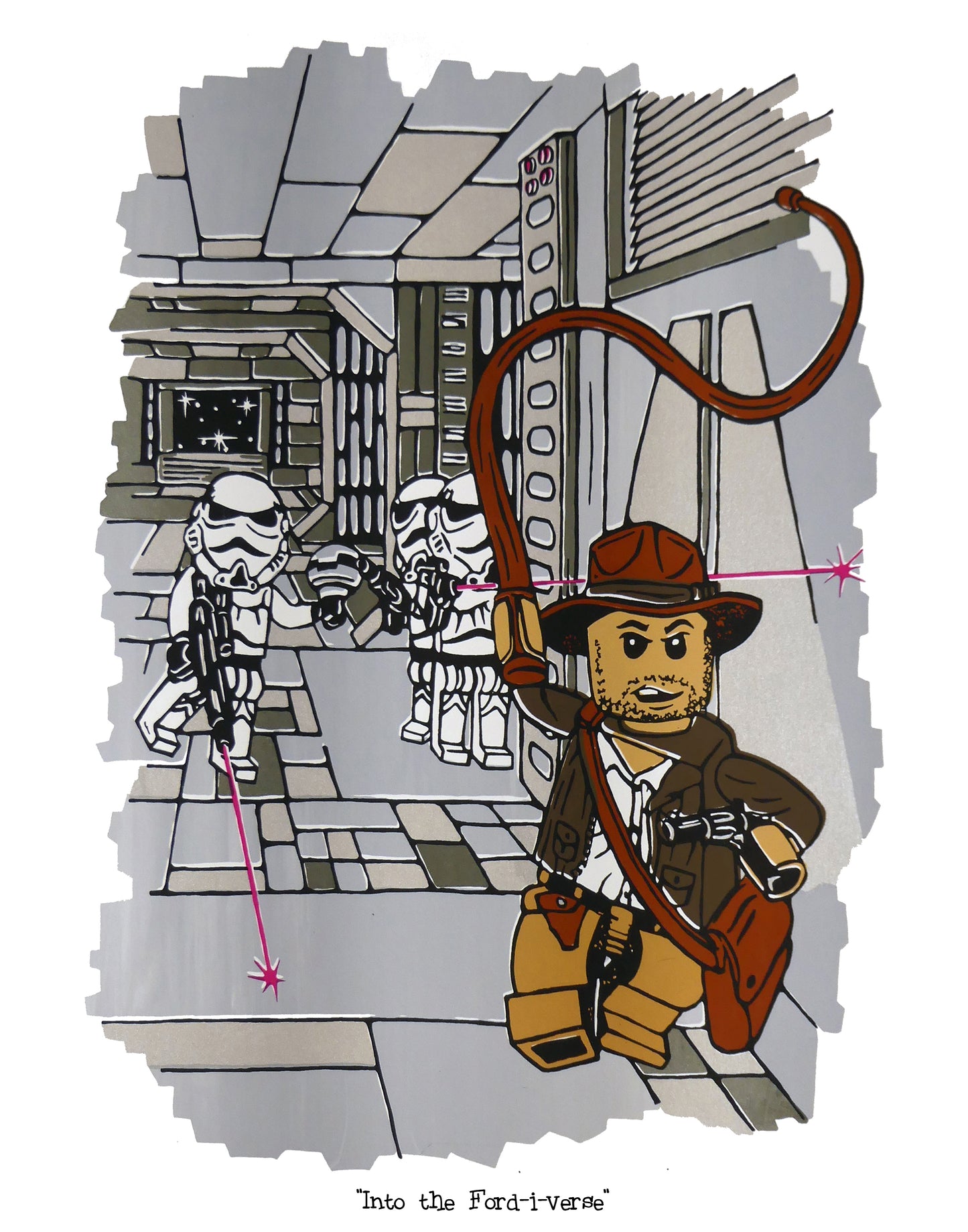 Illustration of Han Solo in a Star Wars-themed setting with stormtroopers.