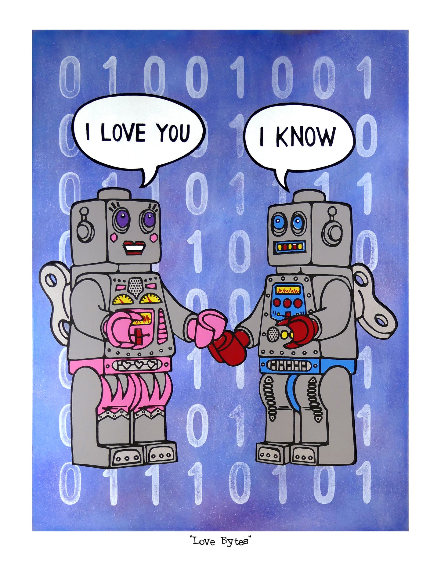 Two Lego robots holding hands with speech bubbles saying 'I LOVE YOU' and 'I KNOW', surrounded by binary code on a blue background.
