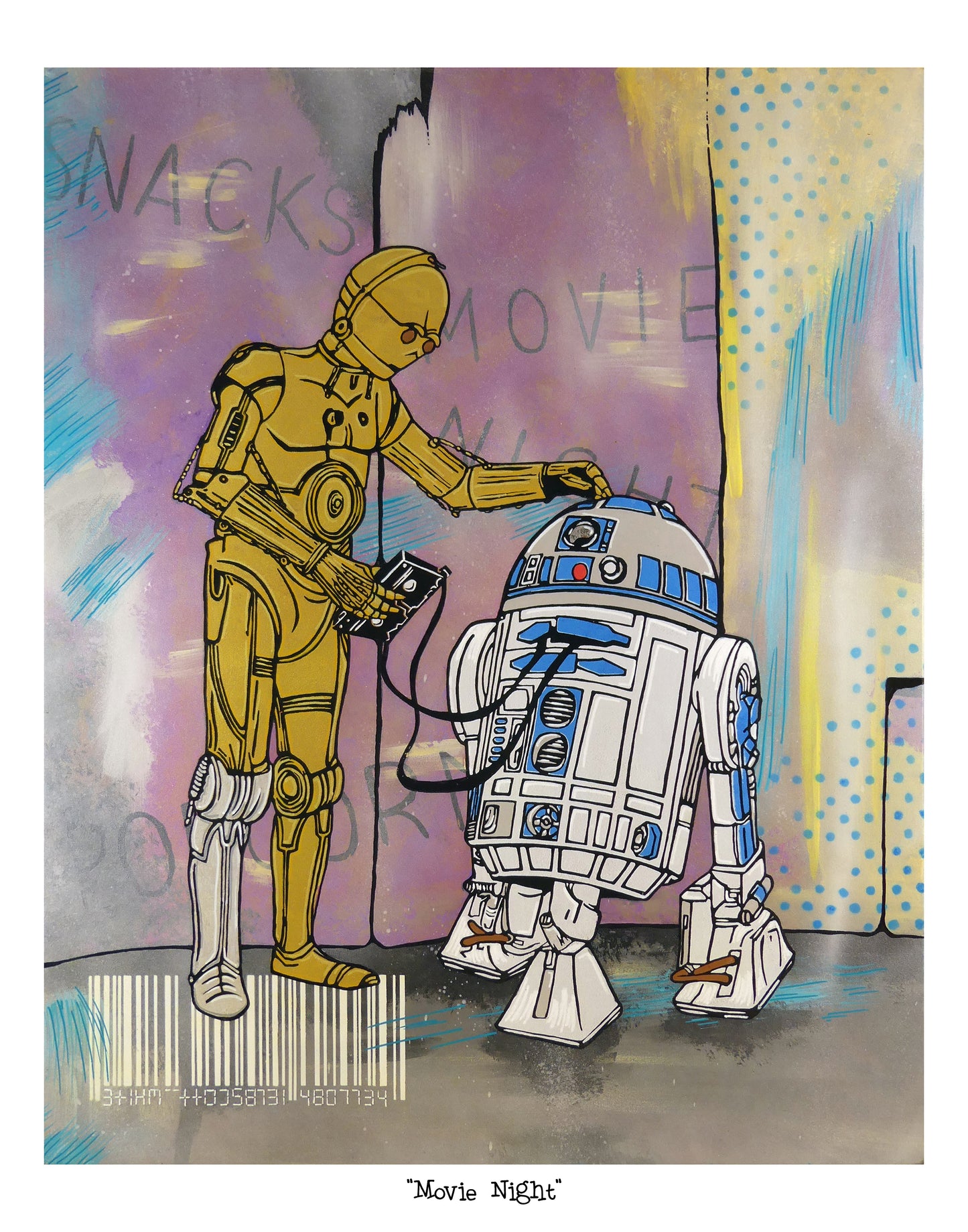Two robots, one yellow and one white with blue accents, standing next to each other against a colorful background.