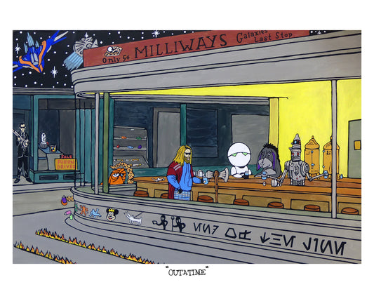 Diner scene inspired by Hopper's 'Nighthawks' with various pop culture characters.
