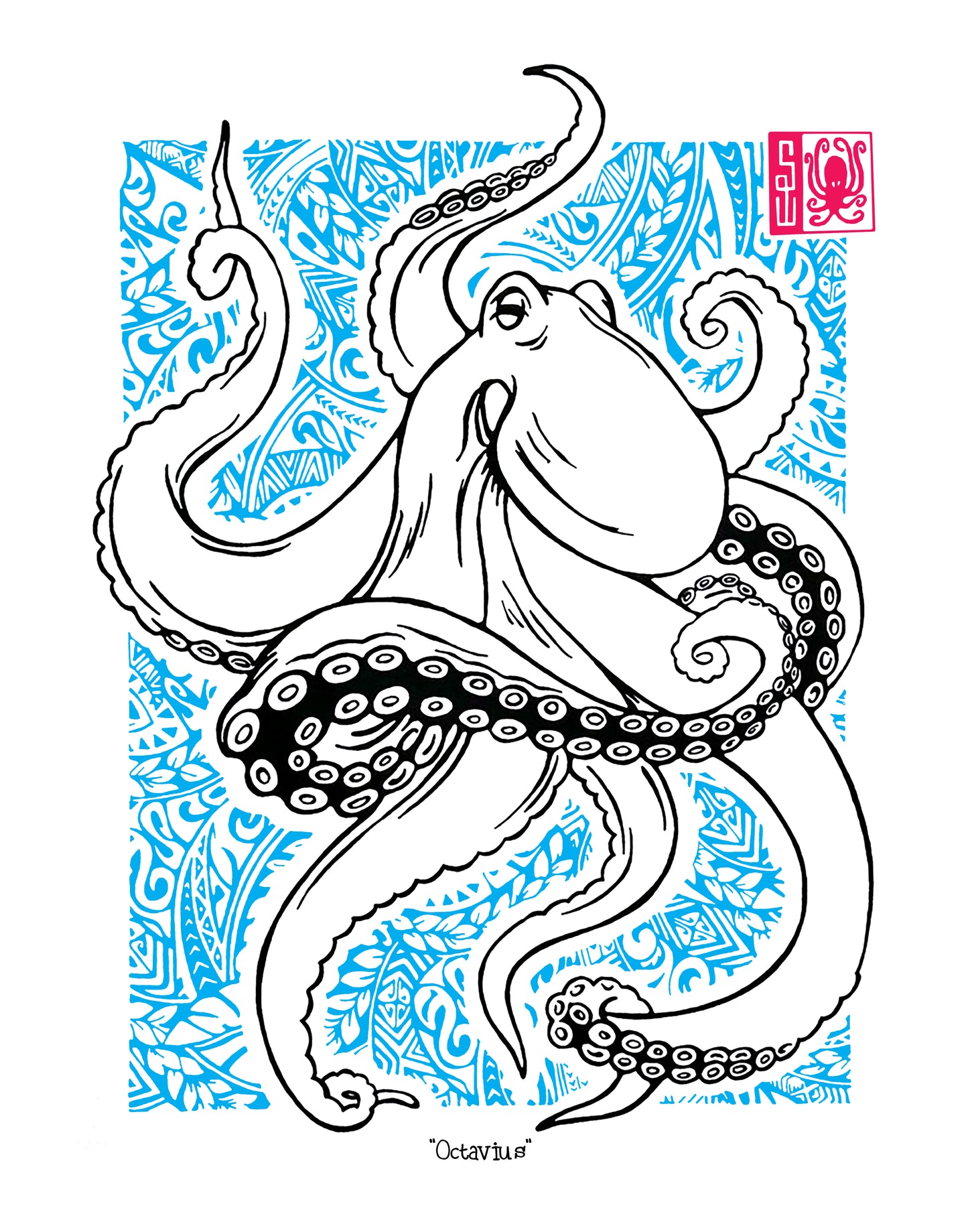 Illustration of an octopus with a blue tribal patterned background