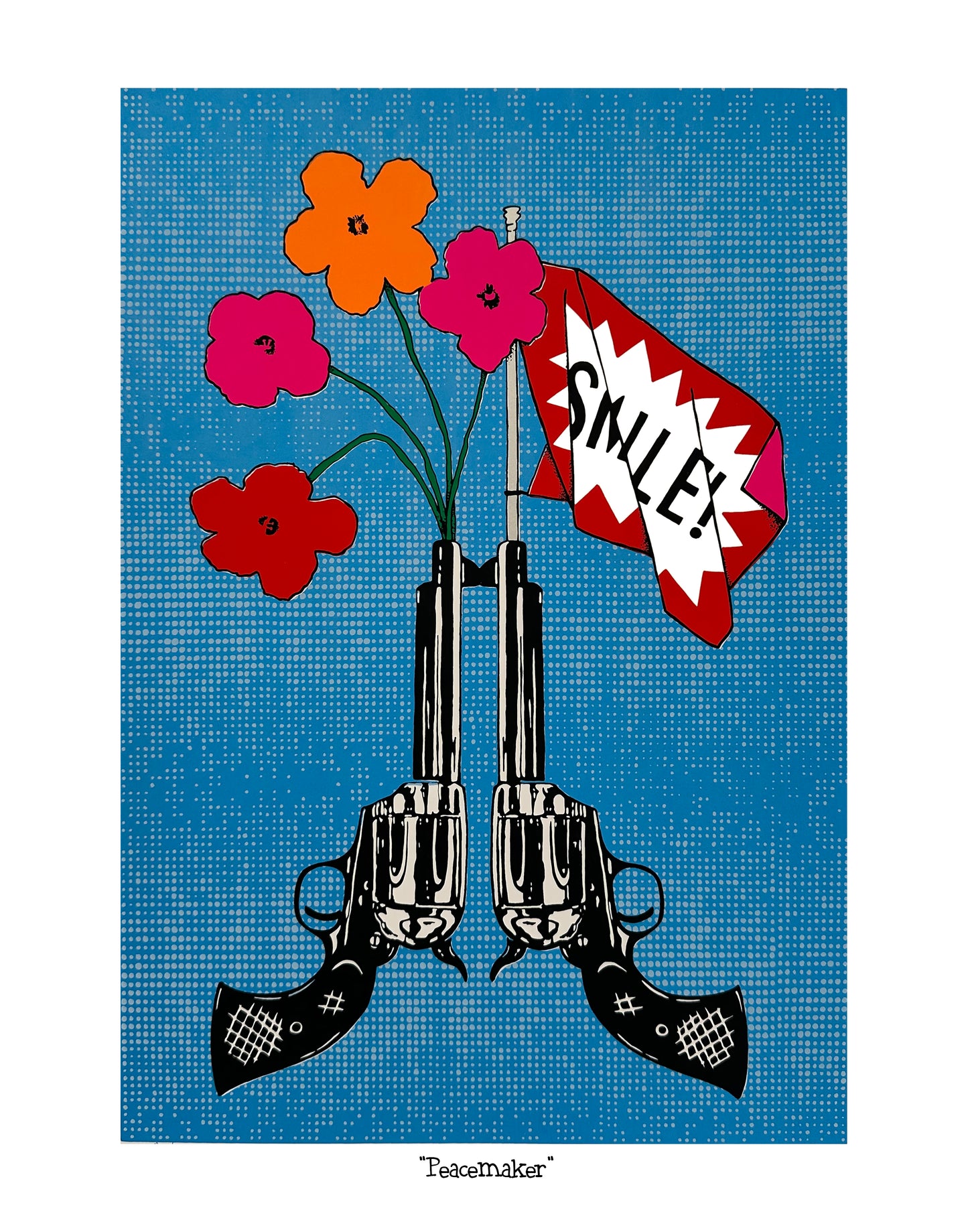 Two crossed revolvers with Warhol style flowers and a "SMILE" flag on a blue textured background.