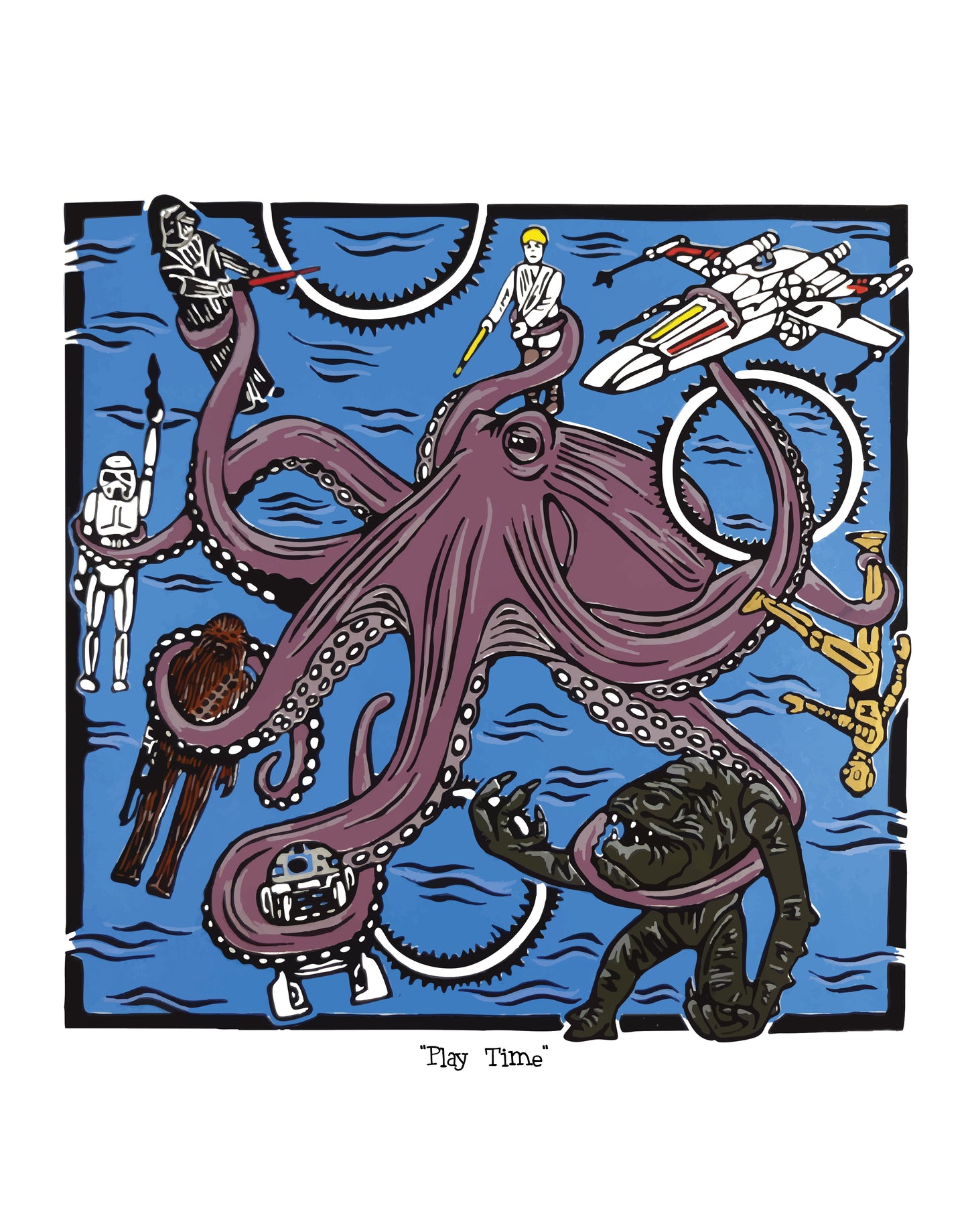 Illustration of an octopus with Star Wars action figures on a blue background