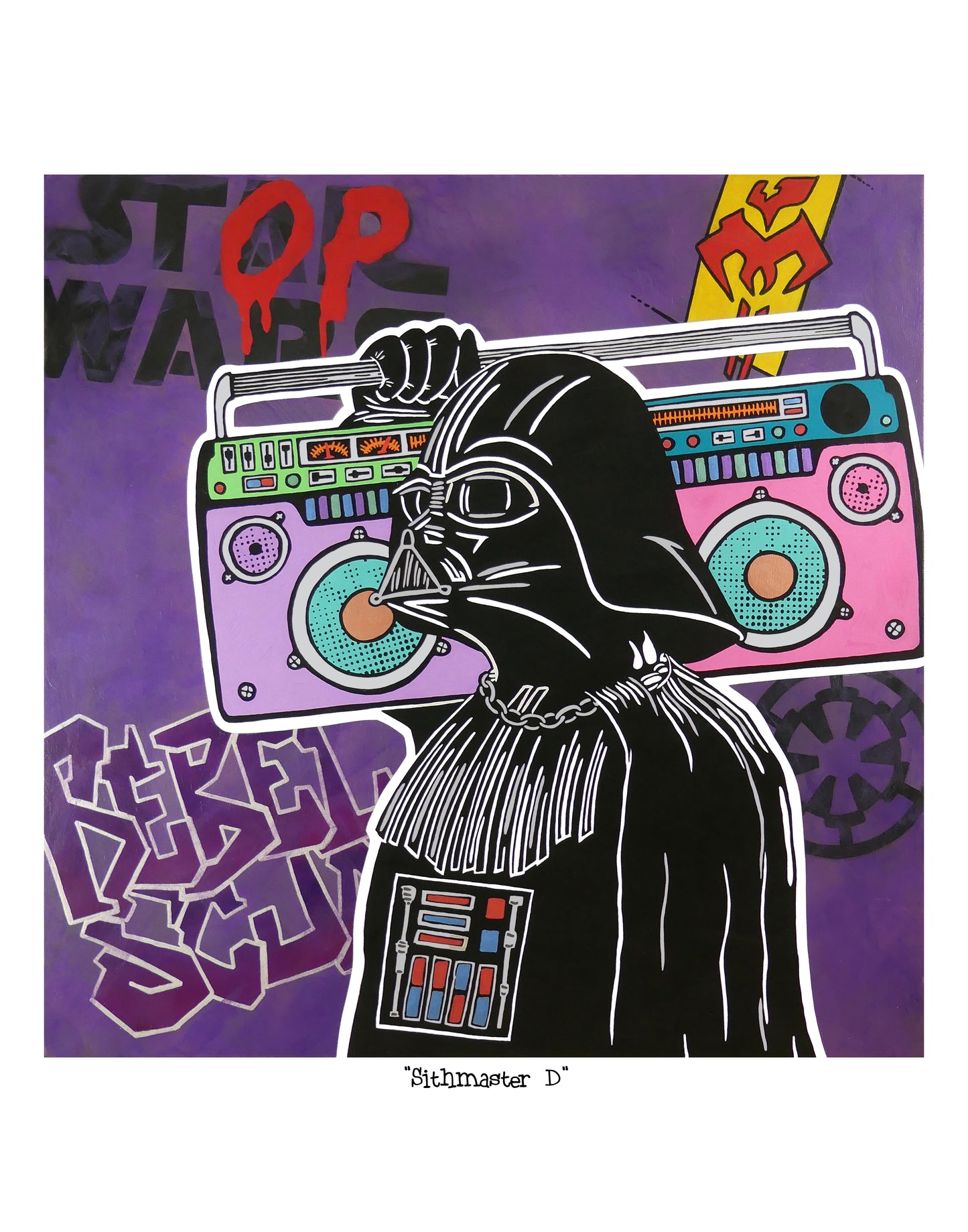 Illustration of Darth Vader holding a boombox with a colorful design on a purple background