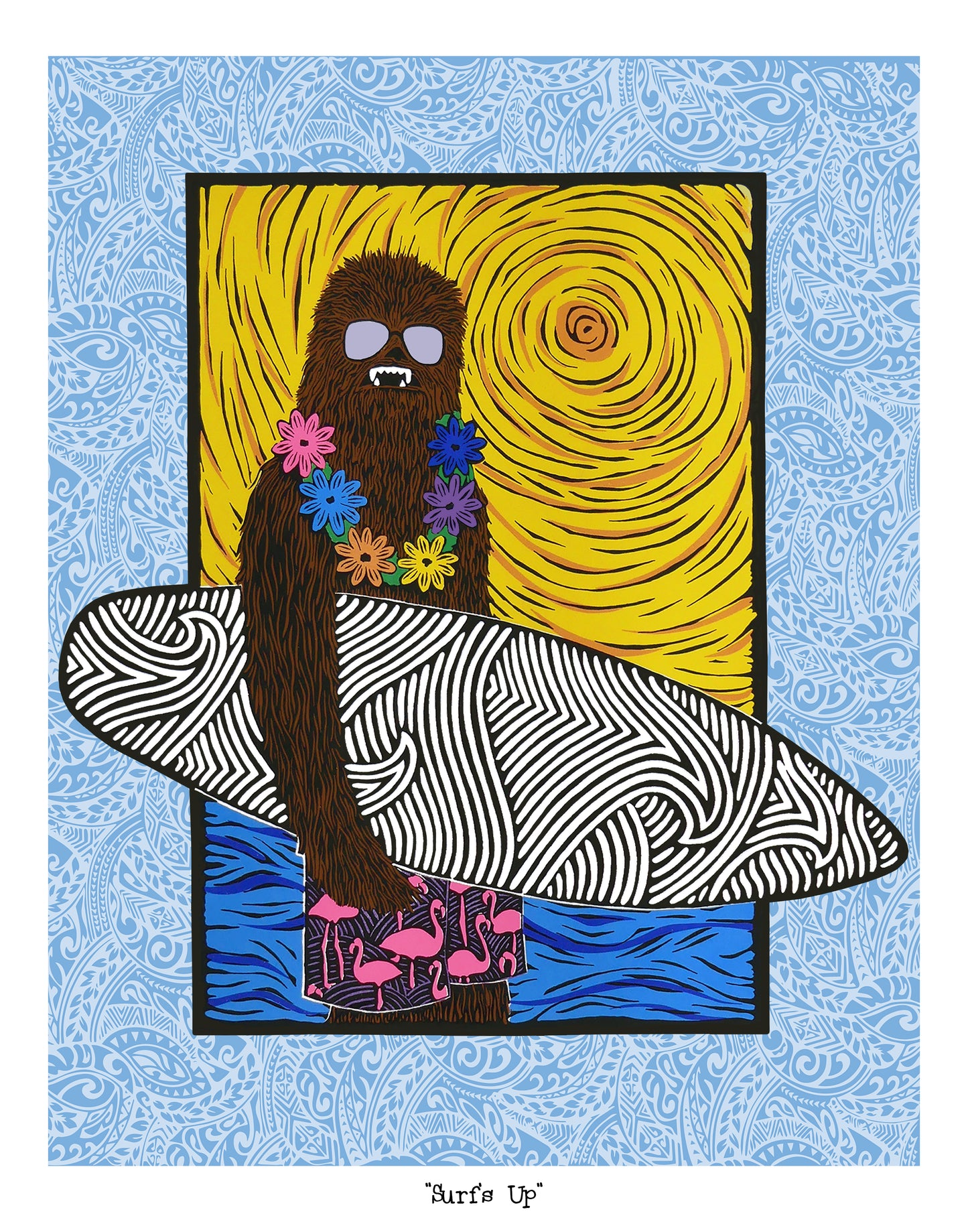 Illustration of Chewbacca with a floral lei and surfboard on a blue patterned background