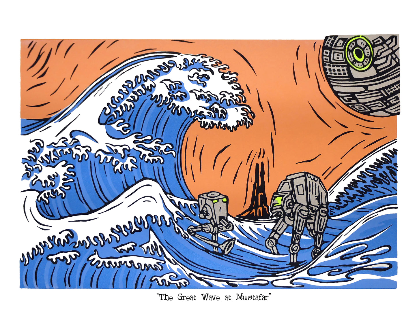 Artistic depiction of Imperial Walkers in the Great Wave with Vader's castle in the background, inspired by 'The Great Wave at Mount Fuji'.