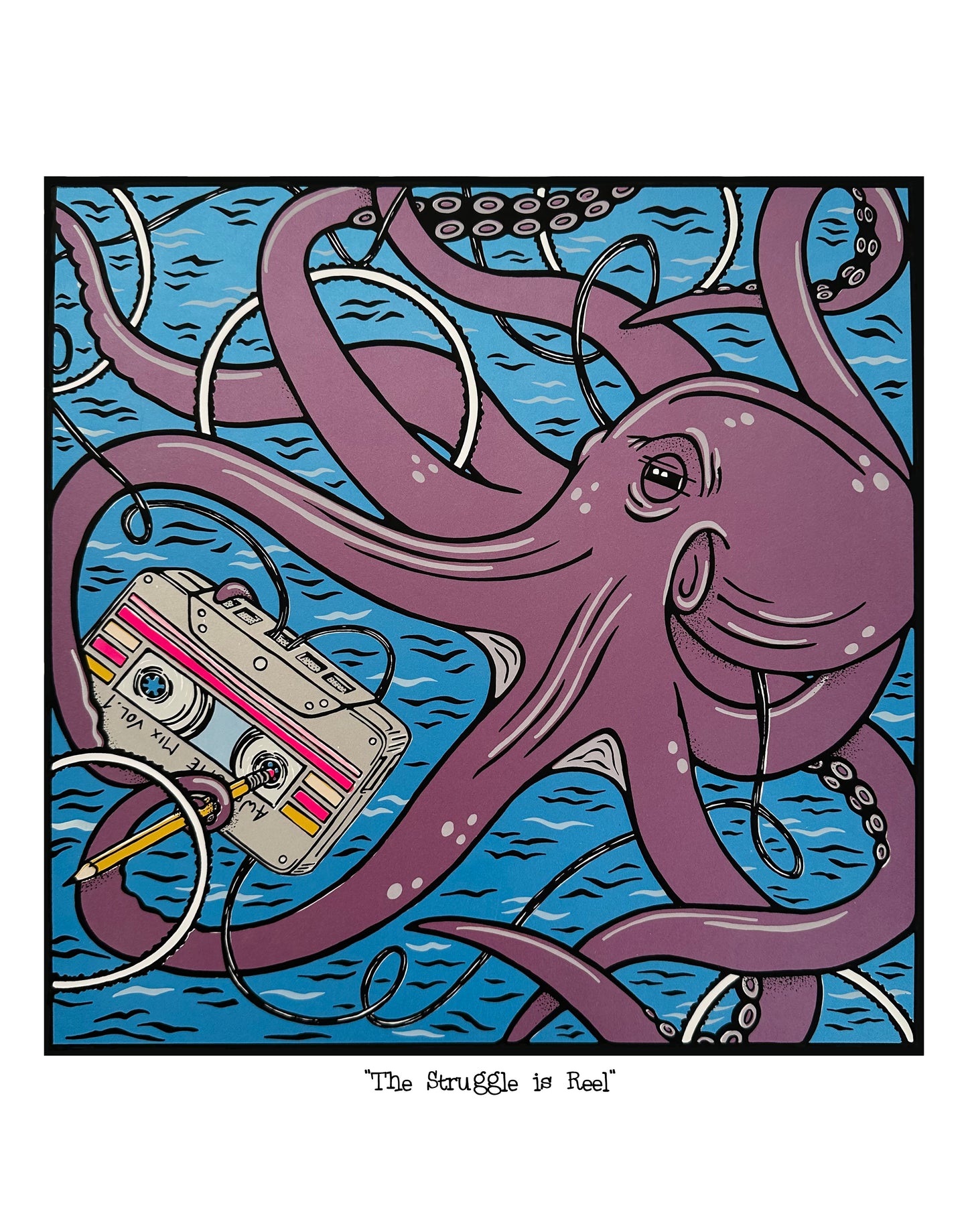 Illustration of an octopus with a cassette tape on a blue background